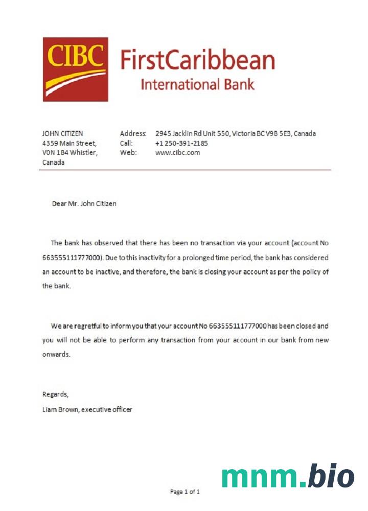 Canada CIBC Bank closure reference example w formatach Word i PDF